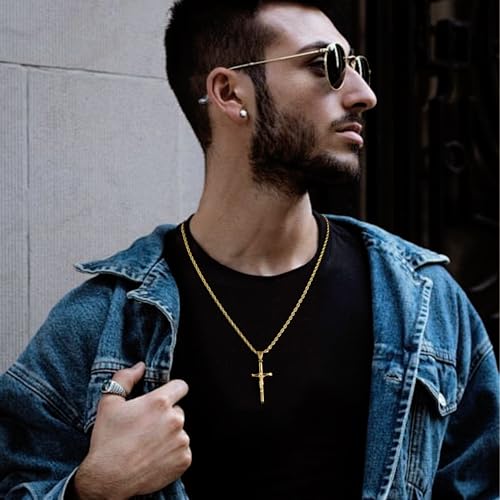 ALEXCRAFT Sterling Silver Plated Cross Necklace for Men Gold Plated Cross Necklaces for Women Trendy Stainless Steel Crucifix Pendant with 3mm 21inch Rope Chain4