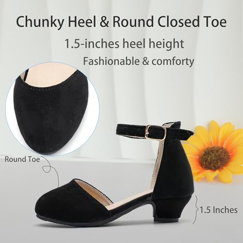 Youdesney Girls Black Dress Shoes, Closed Toe High Heels, Toddler Little Big Kid Ankle Strap Flower Pump for Wedding, Party, School3