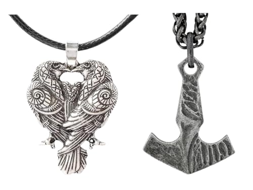 HAQUIL Viking Raven and Mjolnir Necklaces, Norse Huginn and Muninn
