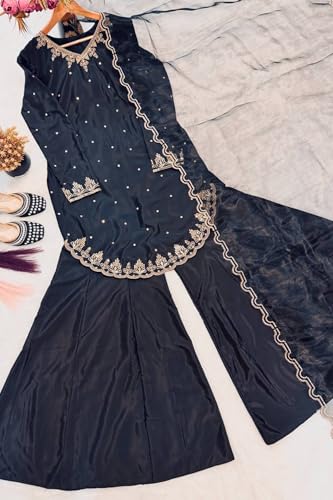 Image of IYALAFAB WOMEN'S Heavy Natural Crep Silk Stitched Ethnic Salwar Kameez - Long Kurti with Embroidered Sleeves, Party & Festival Wear (SF251-ve115 Black1 XXL)