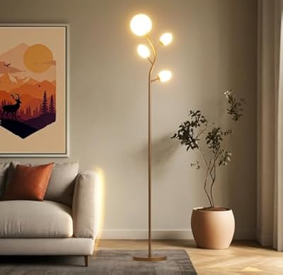 Fiqevs Tree Floor Lamp with 4 Frosted Globe and LED Bulbs, Vintage Gold Standing Lamp, torchiere Mid Century Modern Lamp for Living Room, Bedroom, Office - Antique Brass