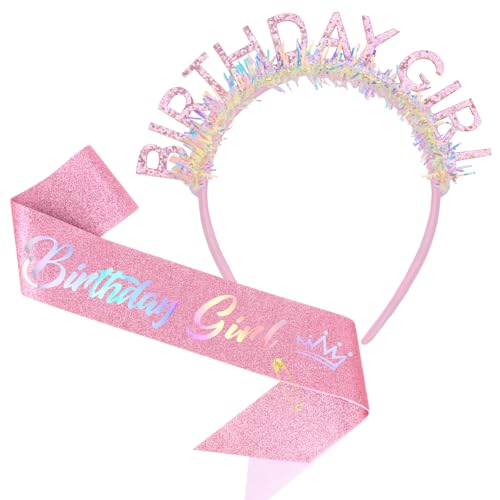 CAVETEE Birthday Crown and Sash for Girls, Pink Glitter Iridescent Headband, Happy Brithday Party Decorations for Women & Girls (Pink, onesize)