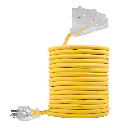 25 FT 12/3 Outdoor Extension Cord - Rubber, Flexible, Triple Outlet, Yellow Wire with Live Power Light Indicator. 15 Amp