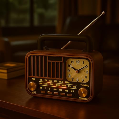 Image of FM Radio with Bluetooth Speaker with Powerful Sound | Vintage Style | Antenna 6w-12 Hours and Clock Design | USB Charging | AUX, SD Card, USB Input | Vintage-S669