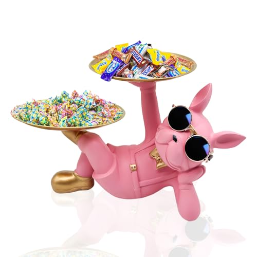 Estatua de Bulldog Francés en Resina con Bandeja Rosa