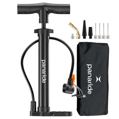 Panaride P120 Compact Bike Floor Pump, Portable Manual Bicycle Tire Inflator, No Pressure Gauge, Presta and Schrader Valves, 120 PSI, Folding Footrest for Road, Mountain and Stroller Tires