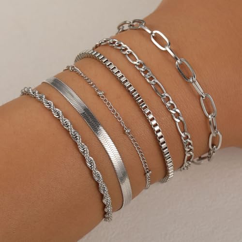 Image of Shining Diva Fashion Gold Plated Bracelet Set for Women & Girls | Set of 6 Trendy Chain Bracelets | Adjustable Layered Bracelet Combo for Daily Wear, Party, Office & Gifting
