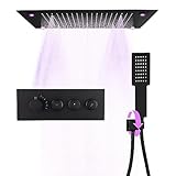 Doozoler Thermostatic Shower System, 16X24 inch LED Rainfall Atomizing Shower System, Luxury Rain Shower System Set Ceiling Mounted with Handheld, Overhead Shower System 3 Function, Matte Black
