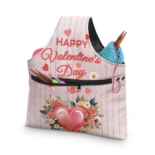 Image of KUIFORTI Heart Romantic Yarn Bag Crochet Tote Bag Wood Print Yarn Storage Organizer Travel Wrist Tote for Crocheting Lightweight for Knitting Accessories