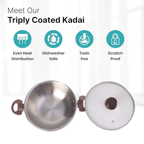 Image of The Better Home 2.5mm Triply Kadai (2.6L-24cm) with Glass Lid | Tryply SS Kadai with Heavy Bottom | Gas & Induction Kadhai for Deep Frying | Karahi for Kitchen | Triply Stainless Steel Cookware (Red)