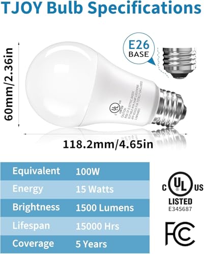 Image of TJOY 12 Pack LED Light Bulbs, 100 Watt Equivalent A19, Cool White 4000K | 15W 1500 Lumens Neutral White Lightbulbs, Non Dimmable Energy Saving Lamp for Home Bedroom Kitchen Indoor