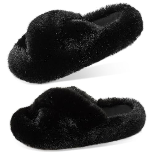 Image of Women's Slippers, Black Cross, Size 8-9, Memory Foam, Faux Fur, Flat Heel, New Year, Solid, Plush, Round Toe