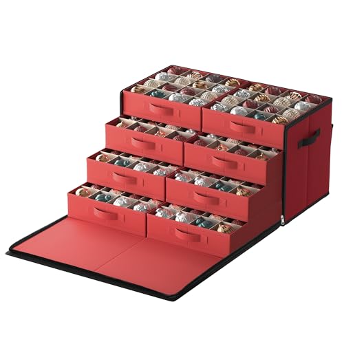 SONGMICS Large Christmas Ornament Storage Box, with Side Open, Stackable Christmas Storage Container with Lid, 8 Drawer Trays, 600D Oxford, 3-Inch 128 Slots, Cherry Red URFB038R01 Cherry Red