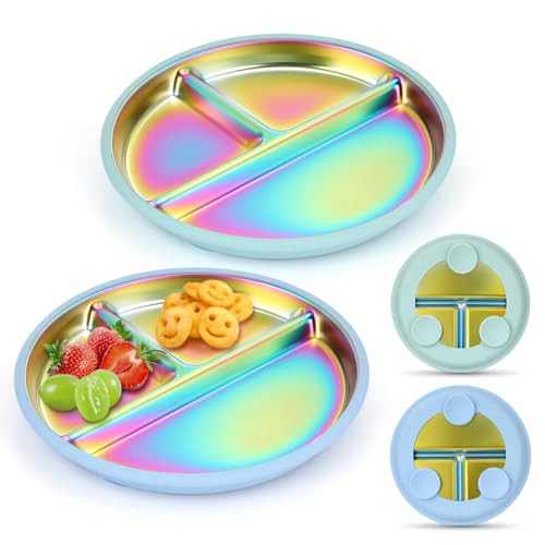 AIEVE Stainless Steel Kids Dinnerware Plates with Suction,2 Pack Round Divided Toddler Plates 9 inch with Removable Silicone Suction