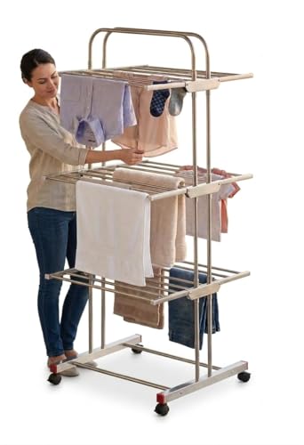 Image of Xmart India 304 Stainless Steel Foldable Clothes Drying Stand | 3 Layer Laundry Drying Rack with Wheels | Heavy Duty Cloth Dryer Stand for Balcony, Indoor & Outdoor (3 Layer Steel Cloth Drying Stand)