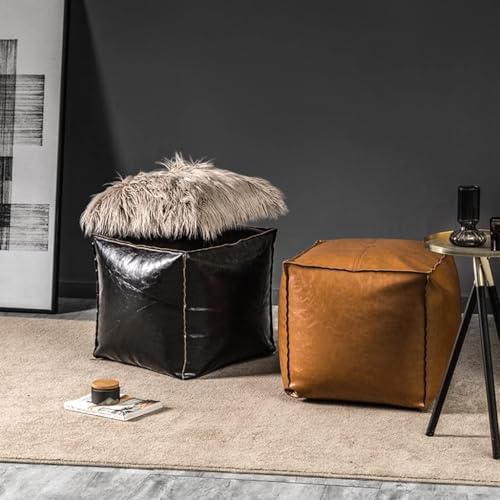 Pouf carré en cuir synthétique marron comme repose-pieds de salon - 3