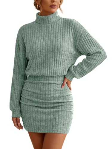Saodimallsu Damen Strickkleider Minikleid Langarm Rollkragen Kleid Grün M – Ansicht 2