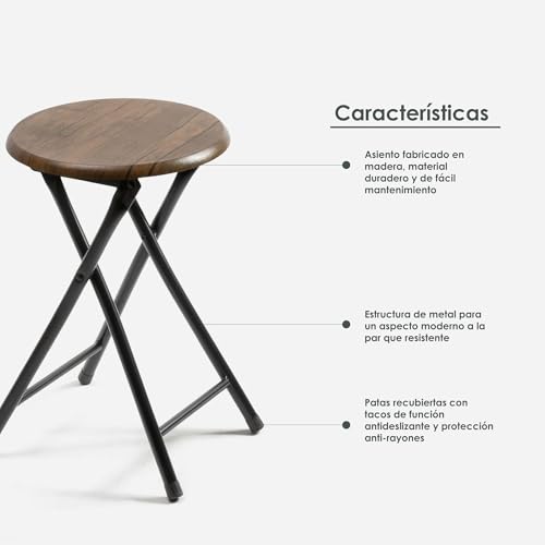 THE SECRET HOME - Pack de 2 Taburetes Plegables de Madera y Metal - Alto. 45 x Ø30 cm - Banqueta sin Respaldo - Ideal para Cocina, Terraza o Jardín - Color Madera Oscura - imagen 4