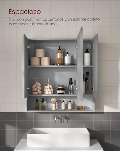 VASAGLE Kailyn Colección - Armario de Baño con Puertas, Armario de Pared con Espejo, Compartimento Abierto, Estantes Ajustables, 16,5 x 70 x 75 cm, Gris Paloma BBK129G01 - imagen 5