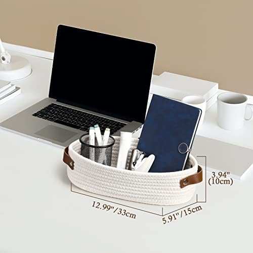 Lewondr Woven Storage Basket with Leather Handles, Small Cotton Rope Basket for Toilet Tank Top, Farmhouse Decor Basket for Bathroom Bedroom Laundry Countertop Storage Toilet Paper Towel Toy, White