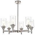 VINLUZ 6 Light Contemporary Chandelier Brushed Nickel Modern Pendant Lighting Cylinder Clear Glass Shaded Classic Ceiling Light Fixtures for Living Room Dining Room Kitchen