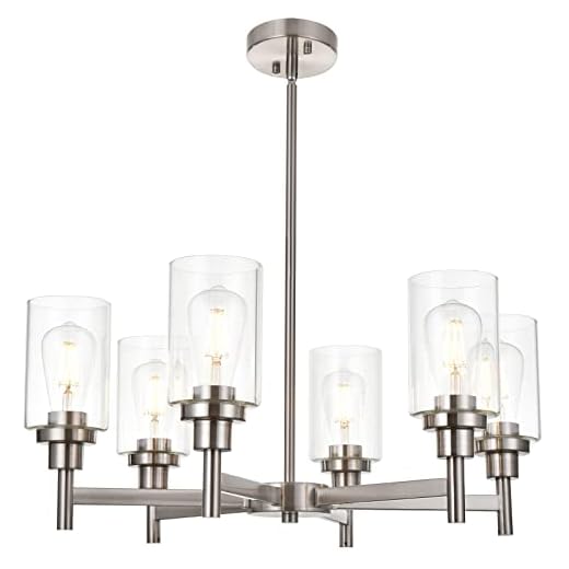 VINLUZ 6 Light Contemporary Chandelier Brushed Nickel Modern Pendant Lighting Cylinder Clear Glass Shaded Classic Ceiling Light Fixtures for Living Room Dining Room Kitchen