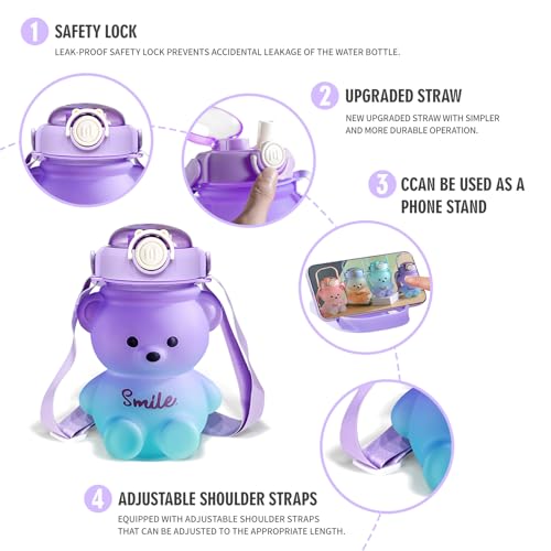 Bouteille d'eau ours kawaii rose avec paille et sangle CLWVPCOT - 3