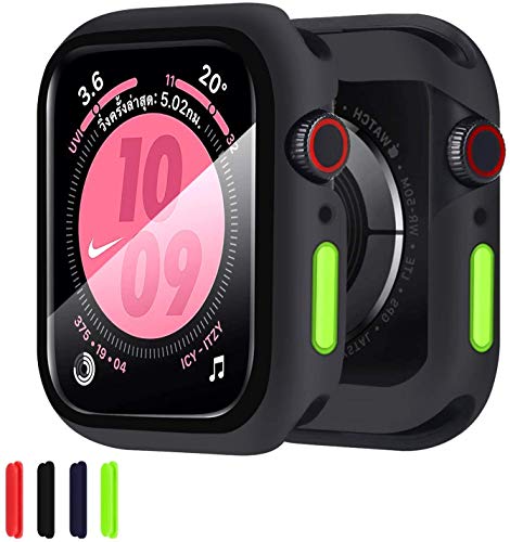 ZXK CO Compatible Apple Watch 44mm Series 6/SE/5/4 Case with Tempered Glass Film, Silicone Case with Scratch Resistant Screen Protector TPU Bumper Case Full Protective Cover for iWatch 44mm - Black