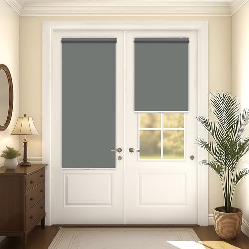 LazBlinds Cordless Roller Shades for French Doors, No Drill French Door Blinds for Privacy, Blackout Roll Up Shades for Front Door Sidelight Glass Door Patio, 27 5/8" W x 42" H, Grey