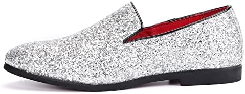 Haza Pairs Mens Smoking Sparkling Slipper Metallic Sequins Textured Glitter Tuxedo Slip-on Prom Loafers Luxury Wedding Dress Shoes (Medium, Cyan, numeric_11) (10 M US, Silver, numeric_10)