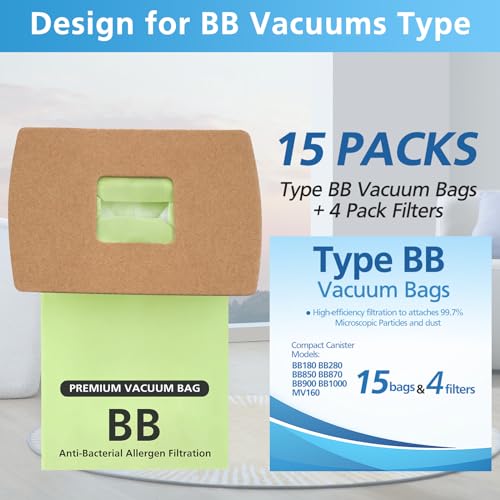 Image of 15 Pack Type BB Compact Canister Bags Replacement for Oreck XL Buster B Canister Vacuum bags PKBB12DW BB180 BB280 BB850 BB870 BB900 BB1000 MV160 with 4 Motor Filters