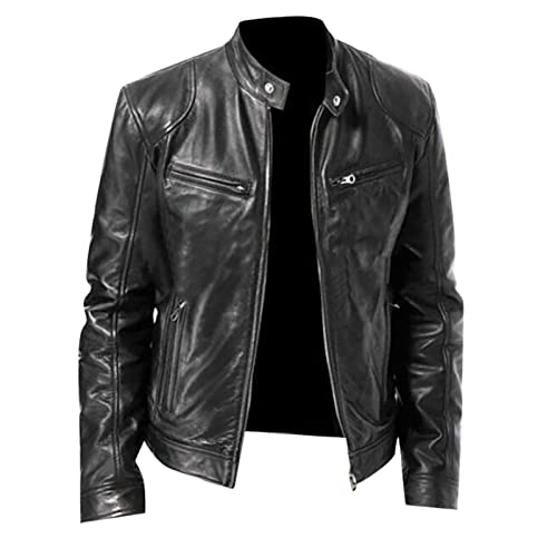 Mrcmuu Brown Leather Jacket, Long Sleeve Coats Mens Swim Lounge Oversized Spring Solid Leather Jacket With Pockets Soft Lapel Loose Fitting Outerwear Men Black #TOP21