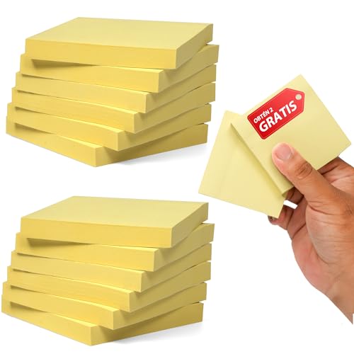 12+2 Bloc de Notas Adhesivas color Amarillo Canario 76mm x 76mm 100 Hojas por Bloc | 1400 Hojas | Perfecto para entornos de Oficina y Escuela | Notas Autoadhesivas…