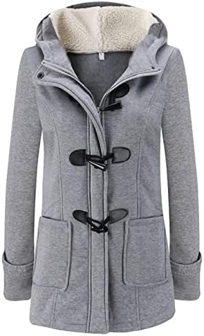 HXHYQKP Women's Wool Blend Hooded Toggle Duffle Coat Casual Wool Coats Winter Outwear Horn Buttons Zip Jacket