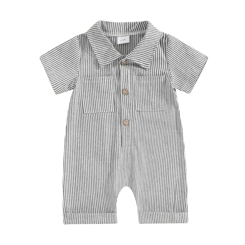 Image of niceclould Baby Boy Vertical Striped Romper with Pockets One Piece Lapel Neck Short Sleeve Buttons Jumpsuit Spring Summer