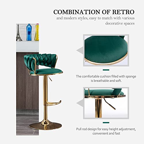 Kiztir 360° Velvet Swivel Bar Stools Set Of 4, Adjustable Counter Height Bar Chairs With Woven Back & Footrest, Luxury Gold Bar Stools For Kitchen Island, Cafe, Pub (Green) #TOP2