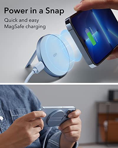 【iF2022受賞】ESR HaloLockキックスタンドワイヤレス充電器 MagSafe対応 iPhone 17/16/15/14/13/12 AirPods 4/3/AirPods Proシリーズ対応 マグネットケース対応 1.5 mケーブル付属 ケーブルの取り外し可能 (アダプターの付属なし) シエラブルー
