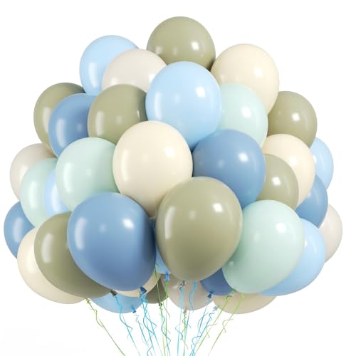 Image of FunHot Blue Green Balloons, 50 Pcs Sage Green Blue Latex Balloon, 12 Inch Pastel Yellow Ivory Helium Balloons for Boy Baby Shower Wild Birthday Wedding Boho Gender Reveal Engagement Party Decorations