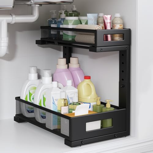 Image of 1 Pack-11.4 inch-16.14 inchH Under Sink Storage Organizer, Large 2-Tier Elegant Mesh Pull Out Shelf for Kitchen and Bathroom Cabinet Organization, L-Shaped and Adjustable Height Design for Maximum Space-Black