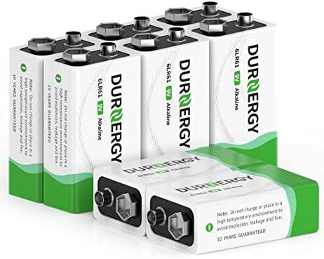 DURNERGY 9 Volt Battery for Smoke Alarms, 9v Battery 8 Pack, Smoke Detector Battery, 9 Volt Power Supply for Guitar Pedals, Square Batteries 9V Alkaline Batteries, 10-Year Shelf Life