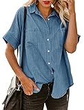 Gemijacka Damen Jeanshemd Kurzarm Button Down Denim Shirt Mit Brusttaschen Lose Sommer Jeansbluse Himmelblau L