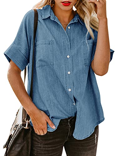Gemijacka Damen Jeanshemd Kurzarm Button Down Denim Shirt Mit Brusttaschen...