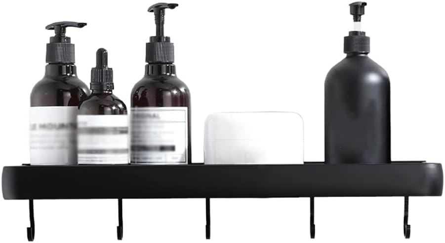 Storage Tray, Wall Mounted Shampoo Holder Multifunctional Storage Tray Bathroom Shelve with Metal Hooks Towel Rack Kitchen Accessories