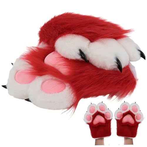 Gants patte chat rouge accessoires costume bal cosplay pattes fourrure