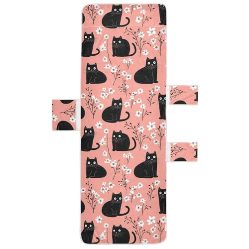 BOESI Doodle Black Cat and Flower Beach Chair Towel, Outdoor Pool Chair Cover, with Pockets, Suitable for Outdoor Beach Garden Sunbathing, 85'' x 30''