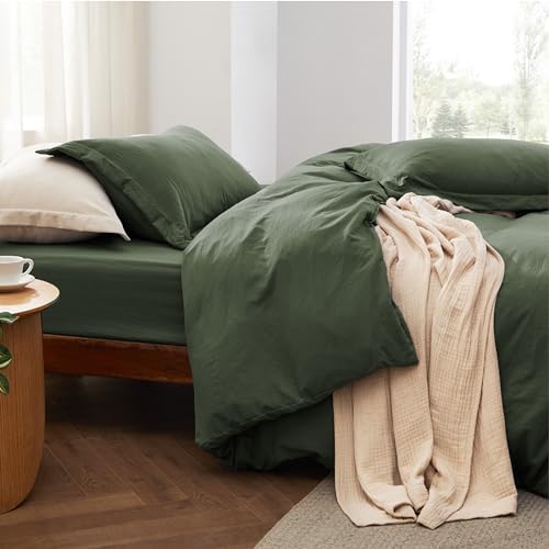 Image of Bedsure California King Size Duvet Cover with Fitted Sheet - 4 Pieces Prewashed Polyester Extra Soft Bedding Set, Includes 1 Duvet Cover 104x98 Inches, 2 Pillow Shams, 1 Fitted Sheet, Olive Green