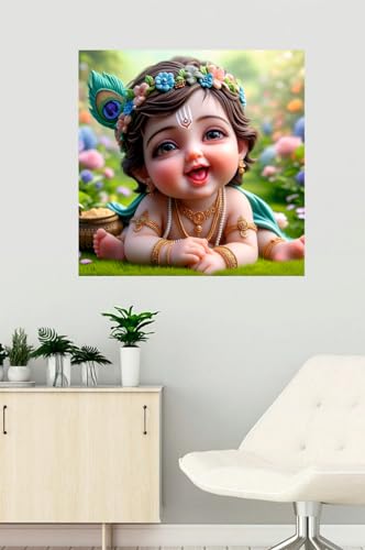 Image of Akki Wold Baby Krishna With Flower Hairband Wall Poster Living Room, Office, Pooja Room (Size - 41CM X 41CM)