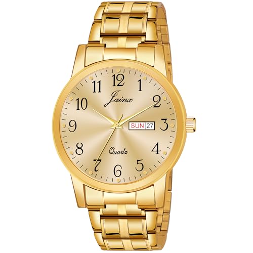 Image of jainx Metal Premium Golden Chain Day and Date Feature Analog Wrist Watch for Men (Black /Golden Color Dial)