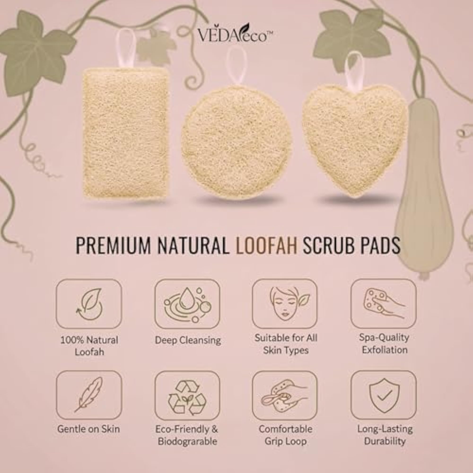 Natural Bath Loofah Sponge for Smooth & Healthy Skin, Pack of 3