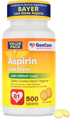 GenCare - Low Dose Aspirin 81mg for Adults Coated (NSAID) 500 Tablets | Adult Low Dose | Enteric Coated Aspirin Pills | Muscle Pain & Menstrual Pain Relief | Fever Reducer | Generic Bayer
